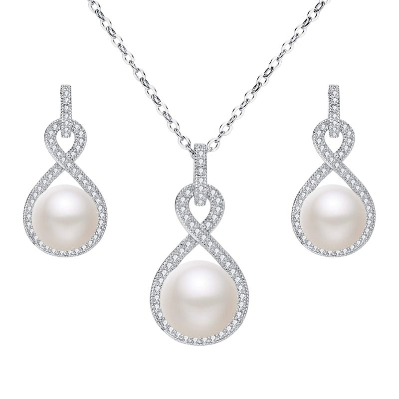 EleQueen 925 Sterling Silver CZ Cream Freshwater Cultured Pearl Leaf Bridal Necklace Hook Earrings Set Clear for Women, Valentine's Day/Mother's Day/Christmas Jewelry Gift - Image 1